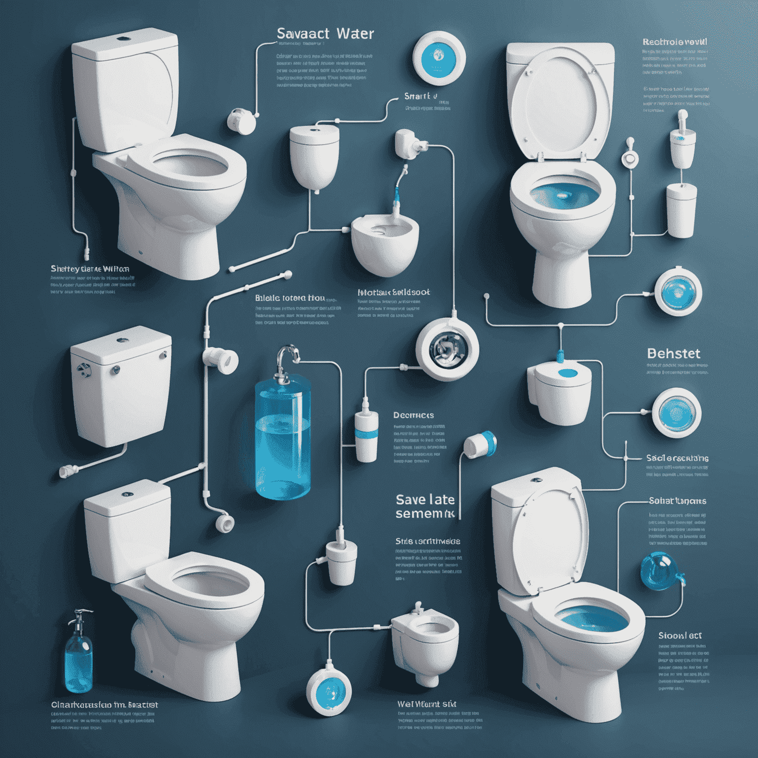 Infografika pokazująca różne metody oszczędzania wody w toalecie z wykorzystaniem inteligentnych systemów